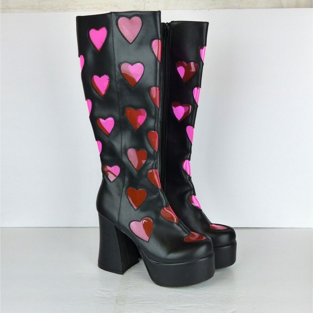 Dolls Kill Sugar Thrillz Heart Platform Boots Womens 6 Black Pink Y2K Cyber Rave
